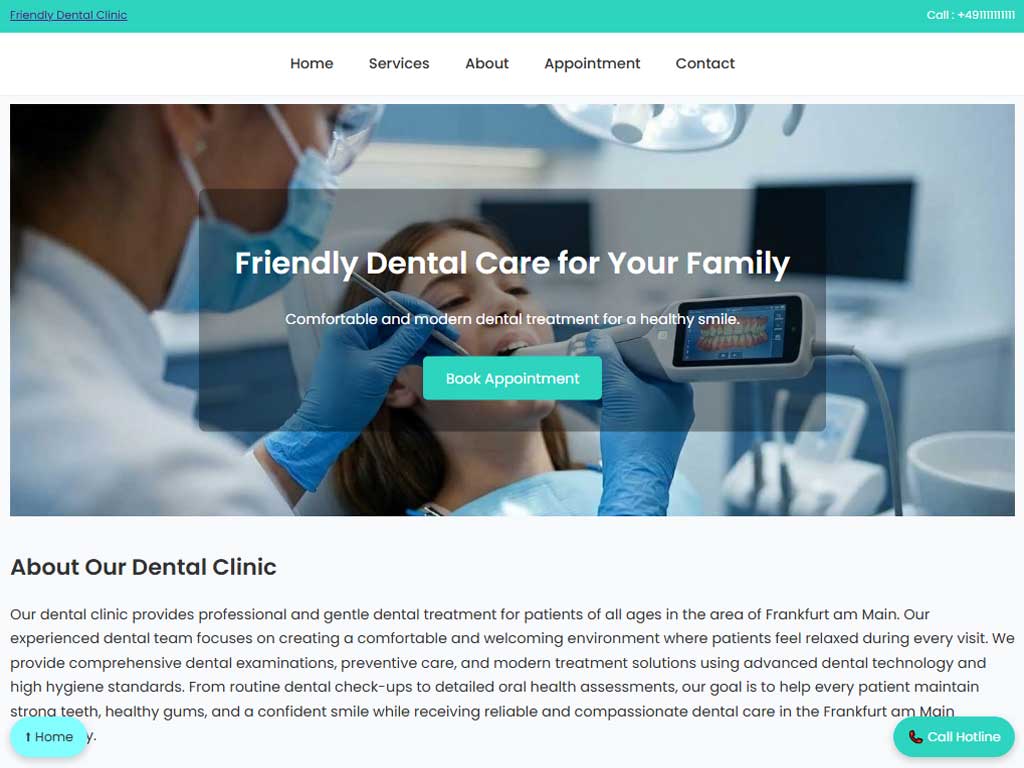 Landing page for dental clinic in Frankfurt, Germany – clean, trustworthy, and appointment-focused
