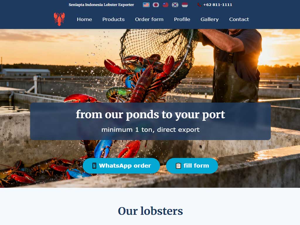 Landing page for lobster exporter company in Sidoarjo, Indonesia – showcasing premium seafood products