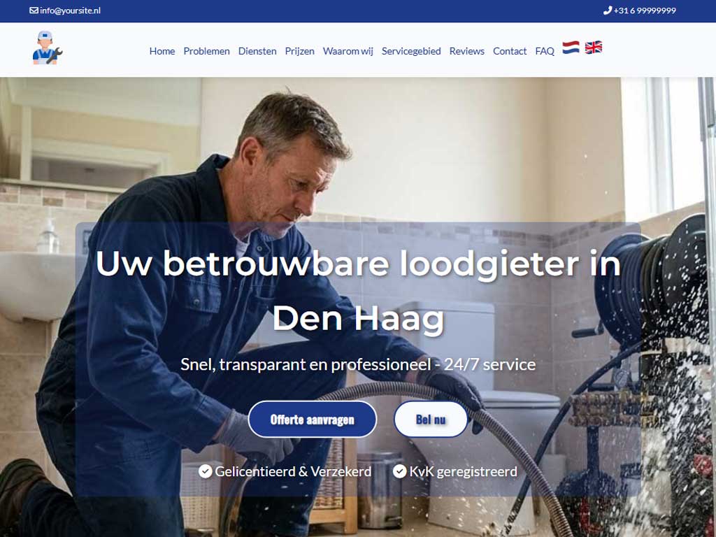 Landing page for plumbing services in the Netherlands – urgent call-to-action and local trust