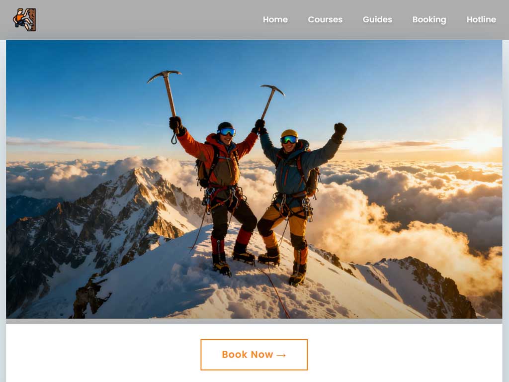 Adventure course landing page for ski and climb in Saskatchewan, Canada – bold and action-driven